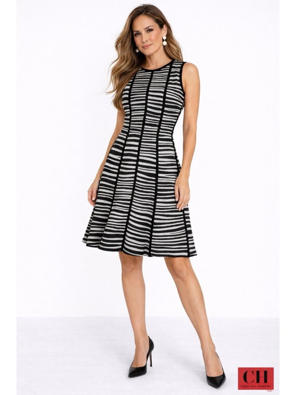 CH CAROLINA HERRERA knit fit flare dress L graphic stripe timeless sophisticated